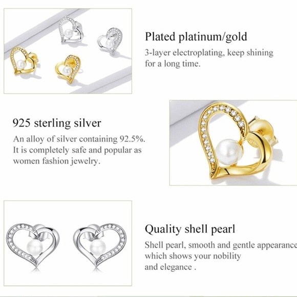 925 Sterling Silver Love Shell Pearl Stud Earrings with Clear CZ - Picture 6 of 6